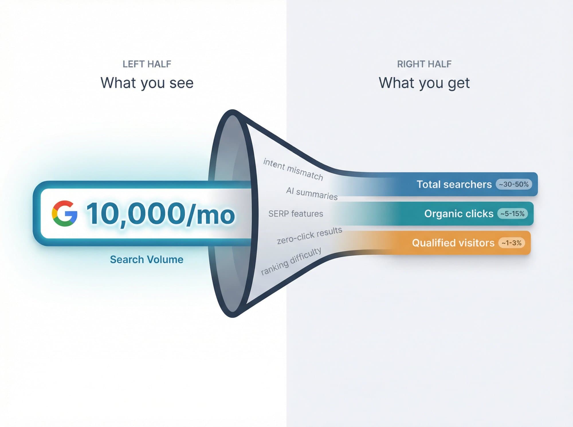 Funnel showing how a search volume of 10,000 a month shrinks once SERP features, AI answers and lower positions take their share of clicks