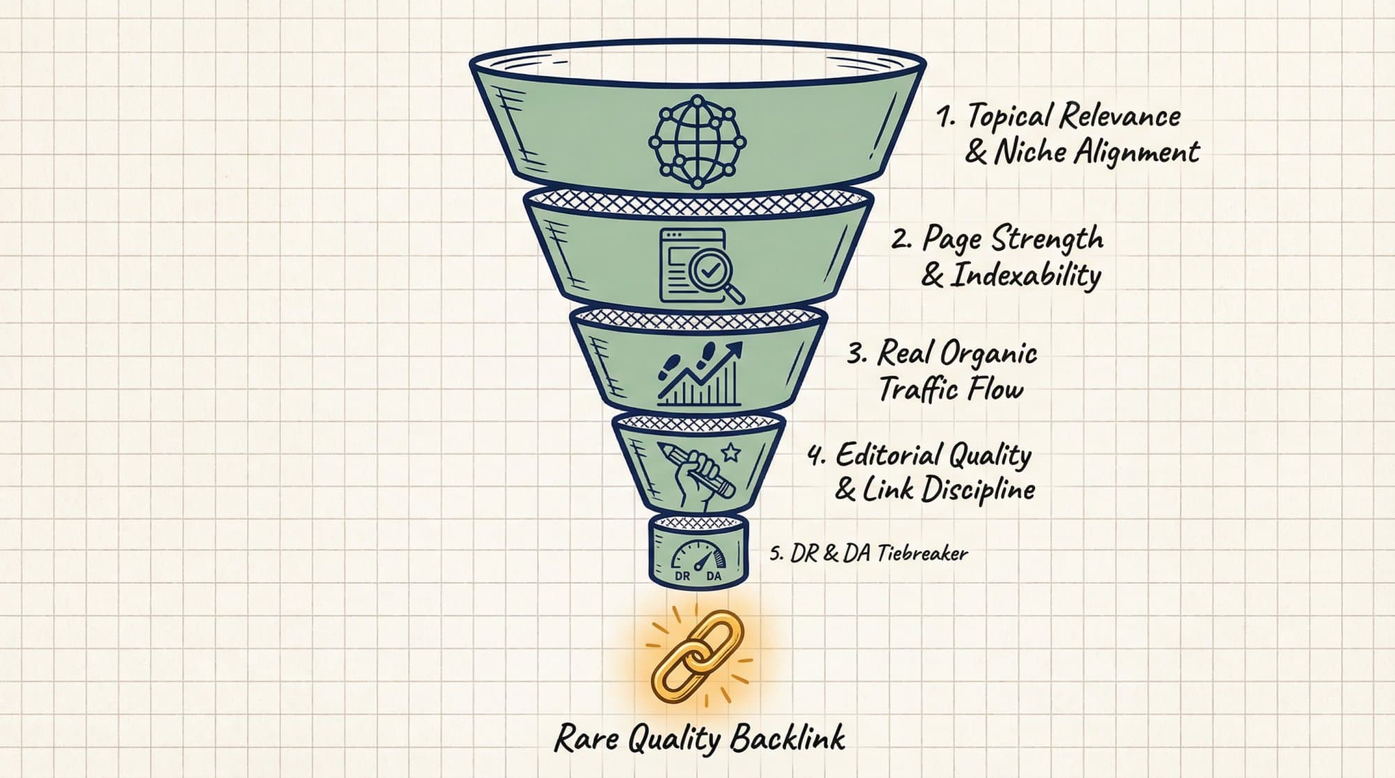 Five-stage backlink evaluation funnel: topical relevance, page strength and indexability, real organic traffic, editorial quality, then DR or DA as the tiebreaker