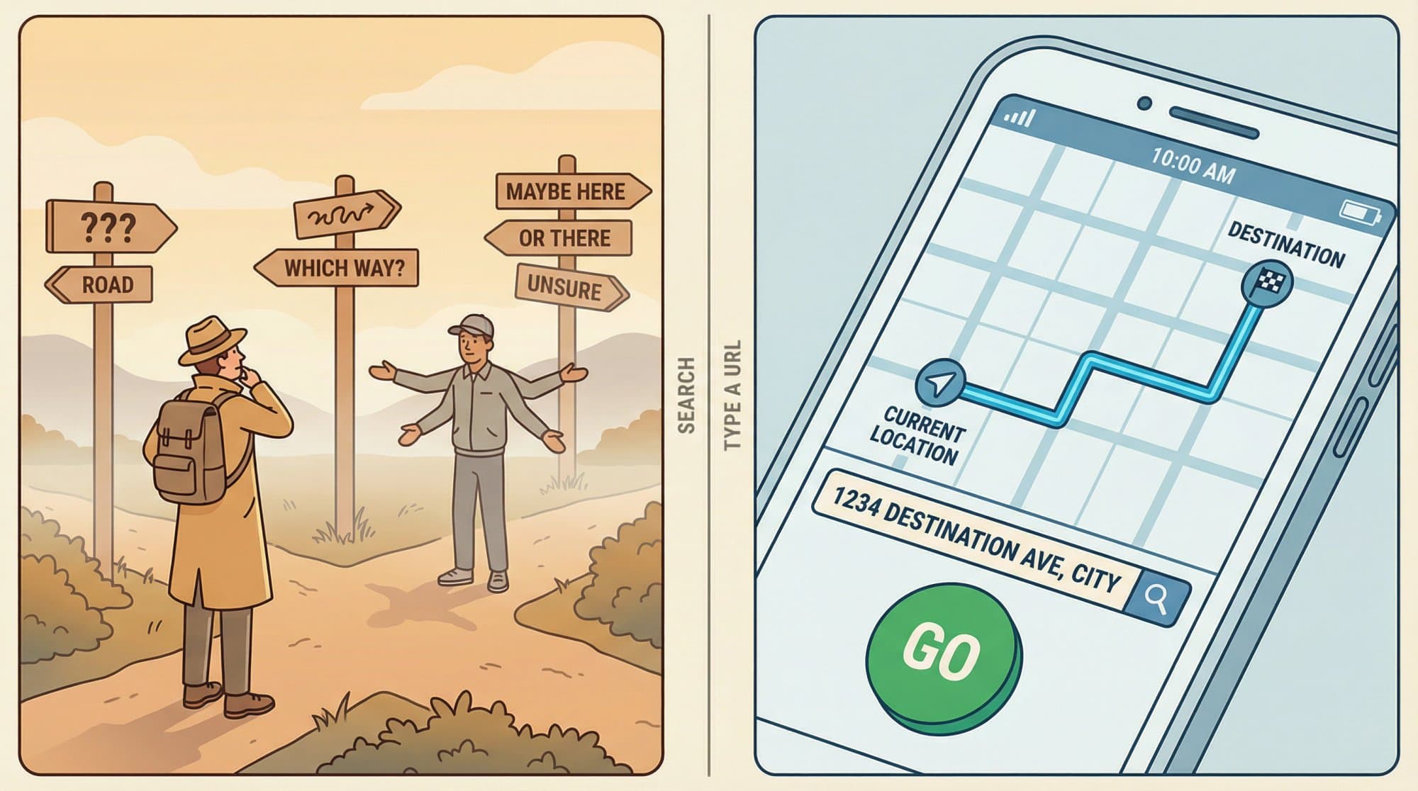 Split editorial illustration: left side shows a person asking a stranger for directions at a crossroads, right side shows a GPS device with an exact address confirmed and a route locked in