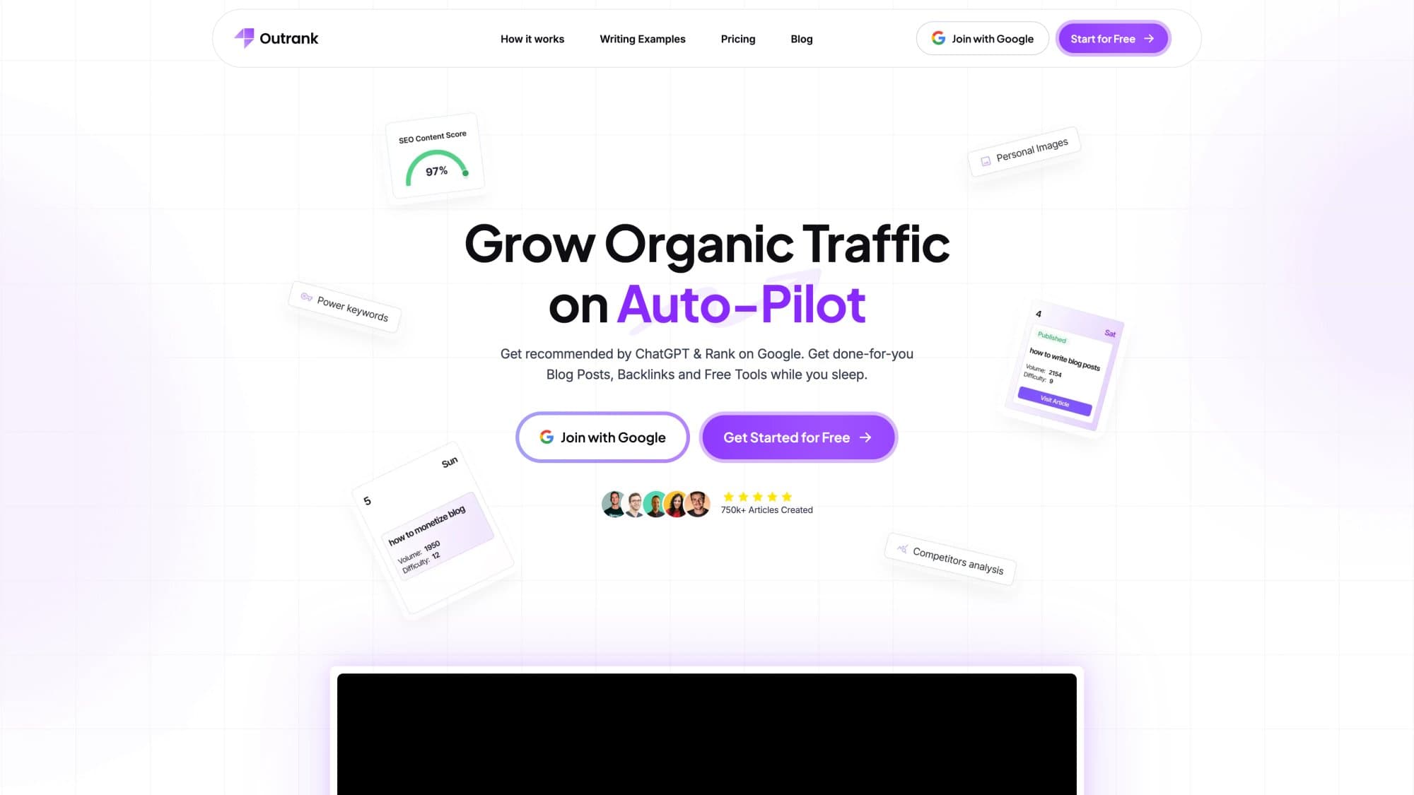 Outrank homepage hero showing "Grow Organic Traffic on Auto-Pilot" with Join with Google and Get Started for Free CTAs and social proof avatars