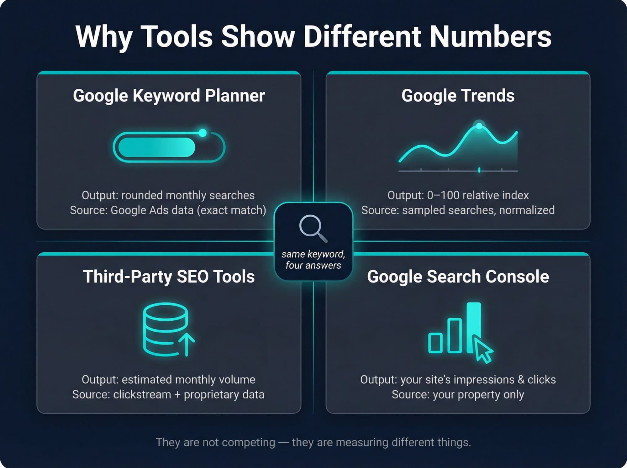 Diagram of four sources, Keyword Planner, Google Trends, third-party SEO tools and Search Console, each measuring a different thing