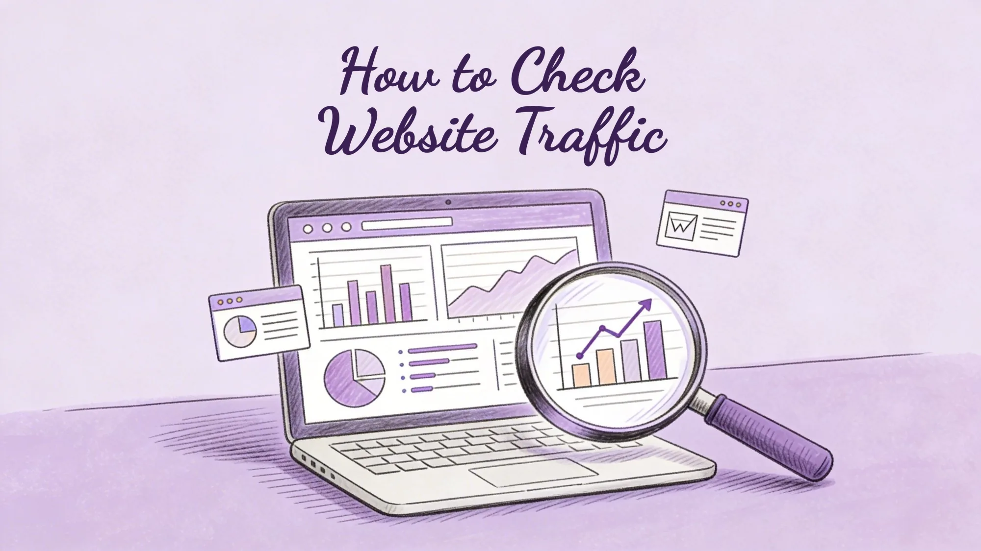How to Check Website Traffic: a laptop analytics dashboard under a magnifying glass
