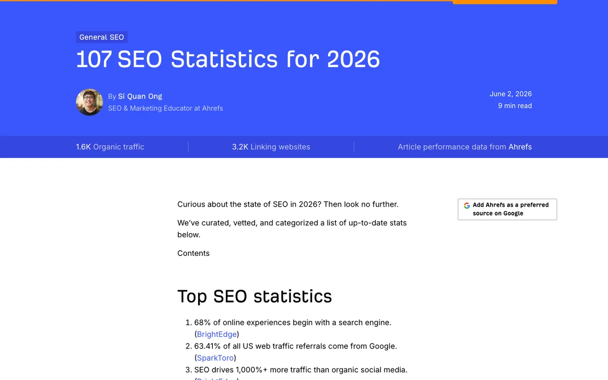 Ahrefs listicle: a blue header with “107 SEO Statistics for 2026” and a numbered list of facts, each with its source in brackets
