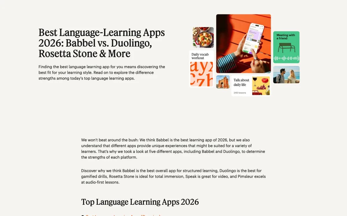 Babbel listicle: headline “Best Language-Learning Apps 2026: Babbel vs. Duolingo, Rosetta Stone & More” with a collage of app screens and an opening verdict