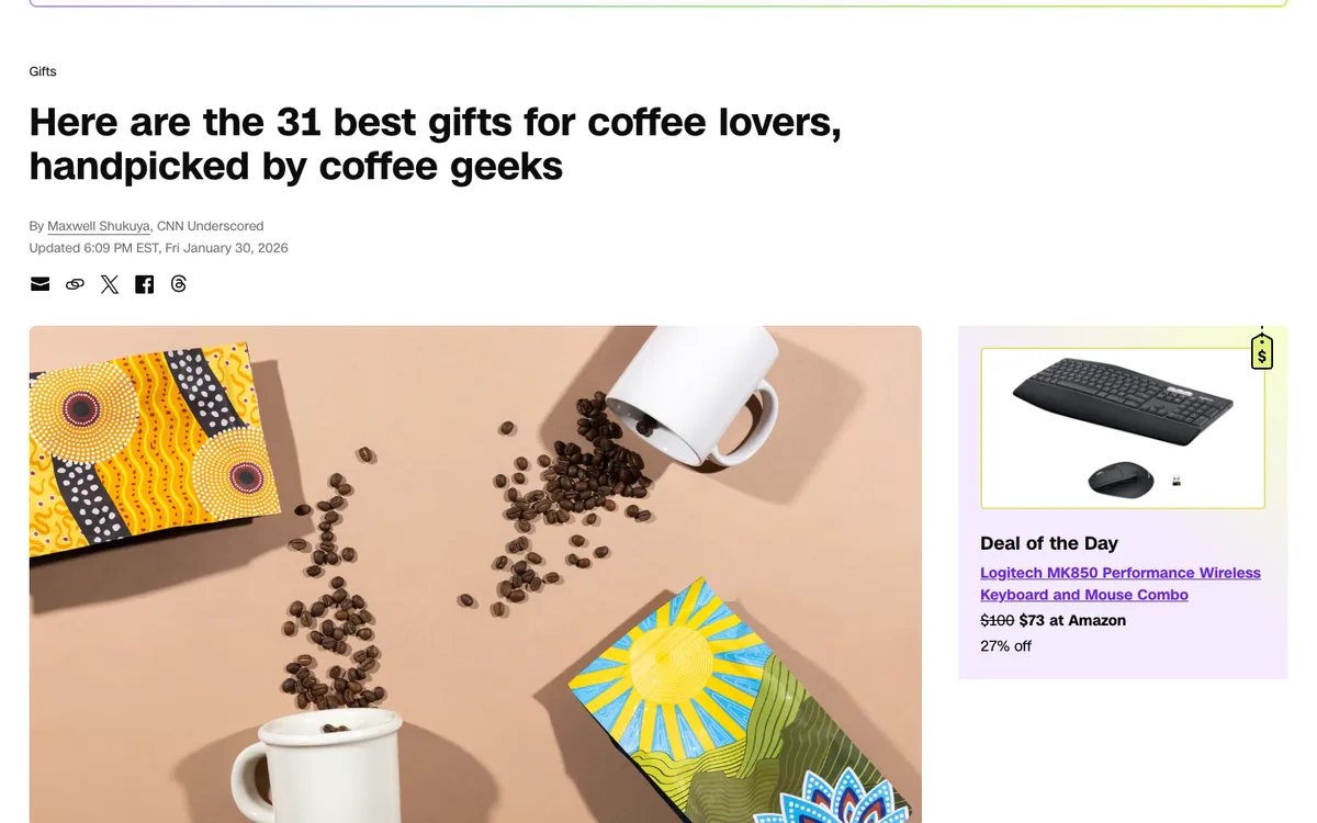 CNN Underscored listicle: headline “Here are the 31 best gifts for coffee lovers, handpicked by coffee geeks” and a photo of coffee beans and mugs