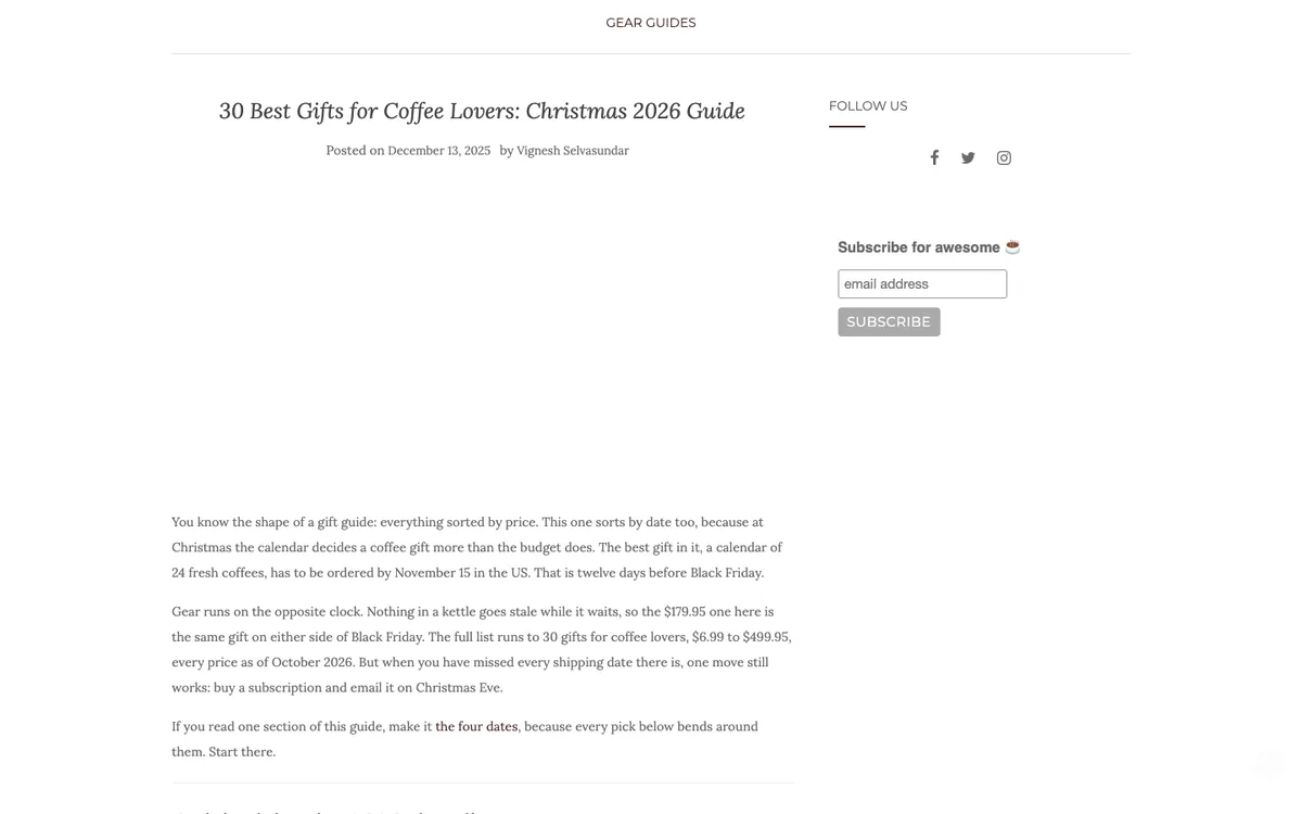 Drip Roast listicle: italic headline “30 Best Gifts for Coffee Lovers: Christmas 2026 Guide” above an intro about shipping dates and a Quick picks section