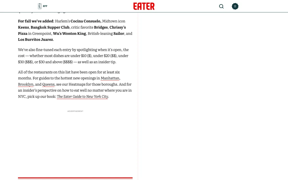 Eater NY listicle: a title card “The 38 Best Restaurants in New York City” beside a map of the city with red pins