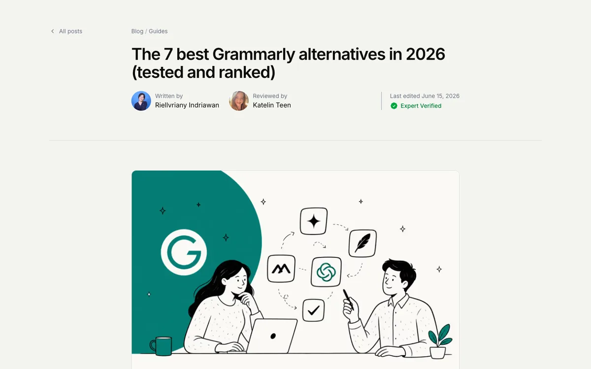 eesel listicle: headline “The 7 best Grammarly alternatives in 2026 (tested and ranked)”, writer and reviewer photos, and a green Grammarly illustration