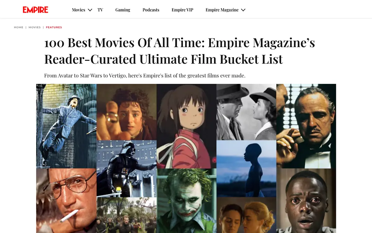 Empire listicle: serif headline “100 Best Movies Of All Time” above a grid of stills from famous films