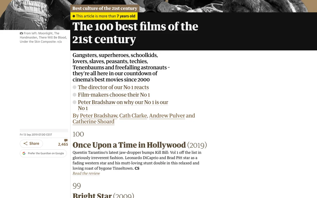 Guardian listicle: headline “The 100 best films of the 21st century” with a yellow age label and the first entry, number 100, below it