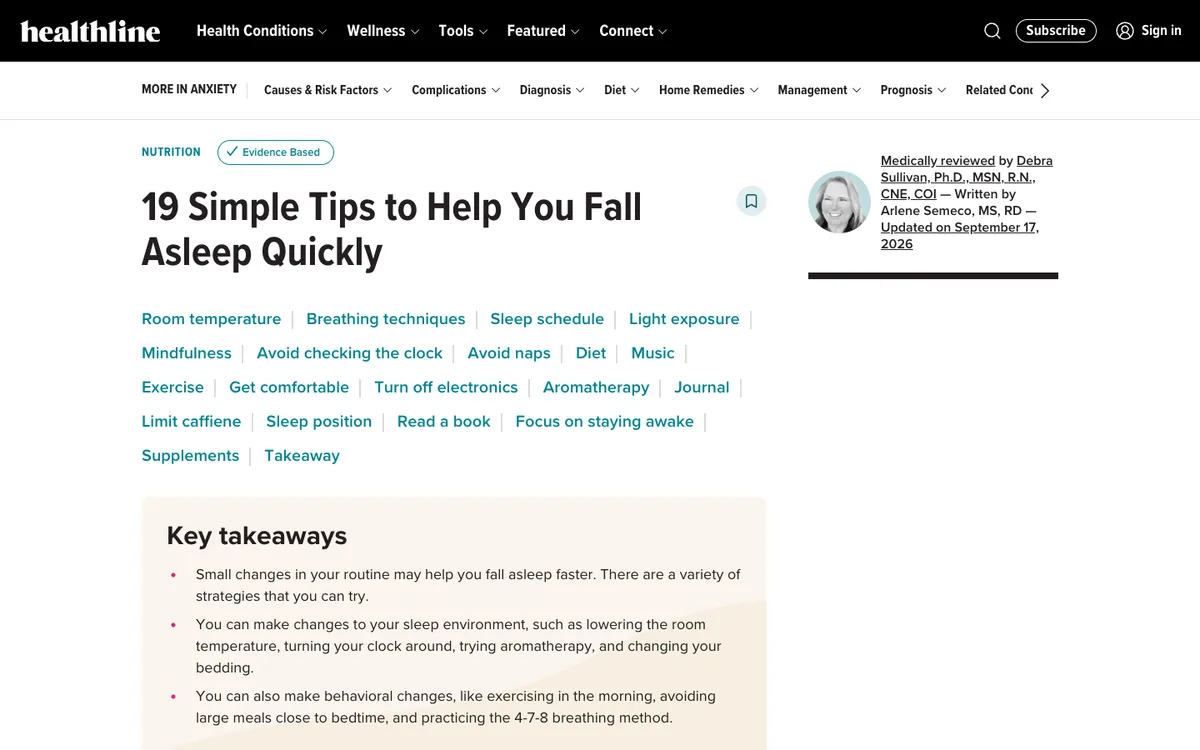 Healthline listicle: headline “19 Simple Tips to Help You Fall Asleep Quickly”, a row of jump links, a reviewer note and a Key takeaways box