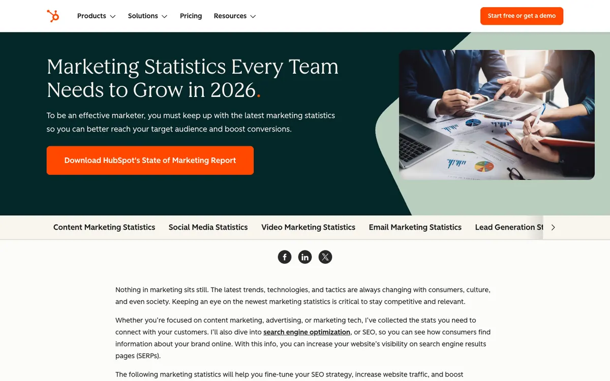 HubSpot listicle: a dark green header “Marketing Statistics Every Team Needs to Grow in 2026”, a download button and a row of statistics categories