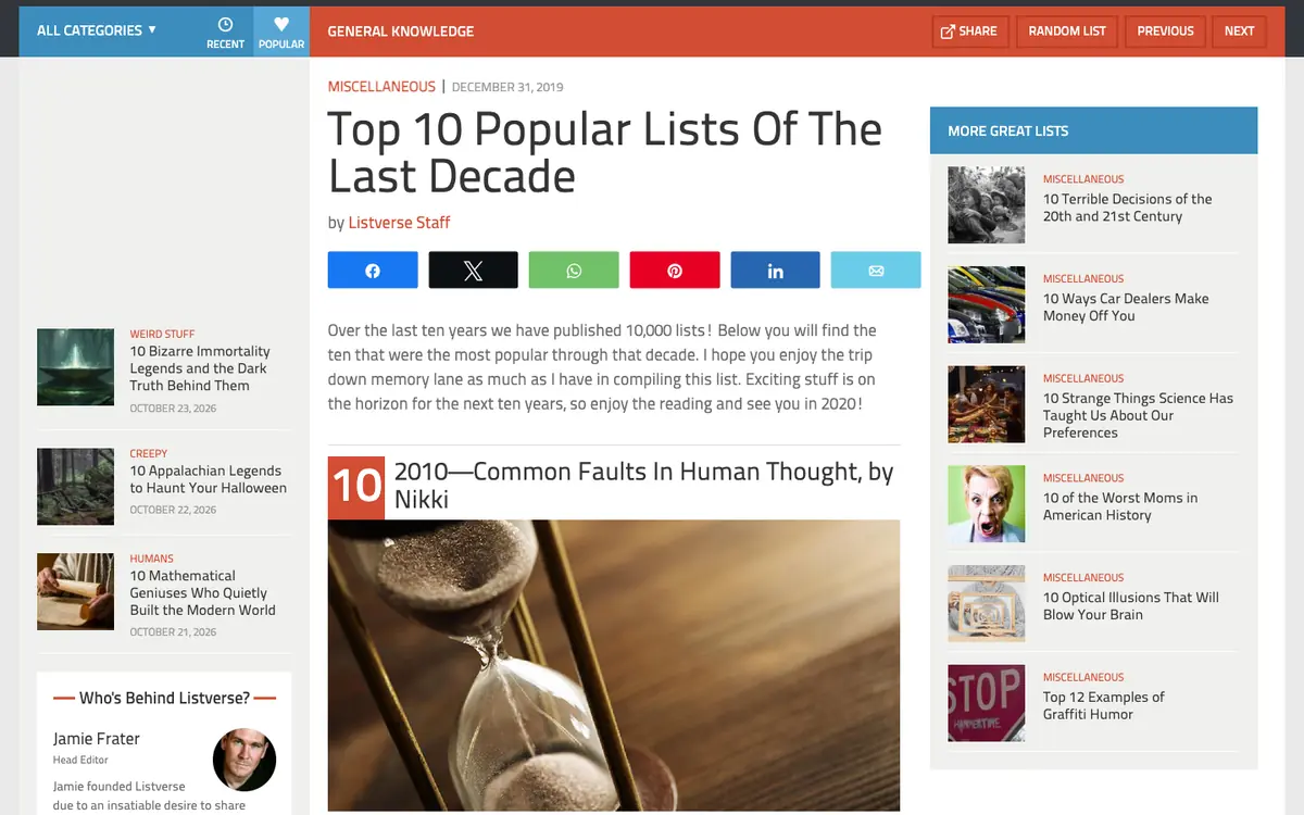 Listverse listicle: headline “Top 10 Popular Lists Of The Last Decade”, sharing buttons and entry number 10 with an hourglass photo