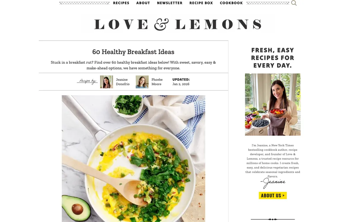 Love & Lemons listicle: logo, headline “60 Healthy Breakfast Ideas”, a recipe-by strip and a large photo of a skillet with eggs and greens