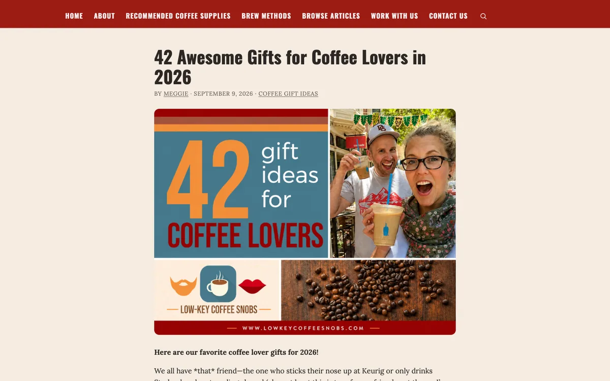 Low-Key Coffee Snobs listicle: headline “42 Awesome Gifts for Coffee Lovers in 2026” and a cover with a large 42 and a selfie of two people