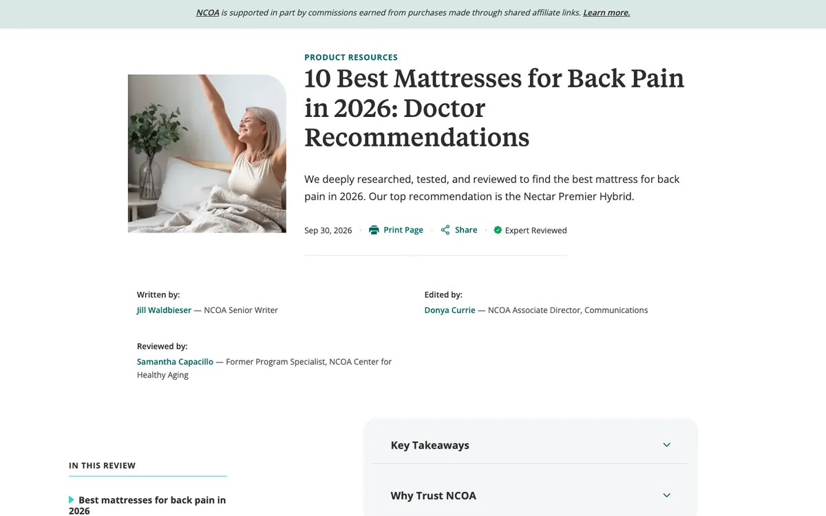 NCOA listicle: serif headline “10 Best Mattresses for Back Pain in 2026”, a short intro naming the top pick, and named writer, editor and reviewer