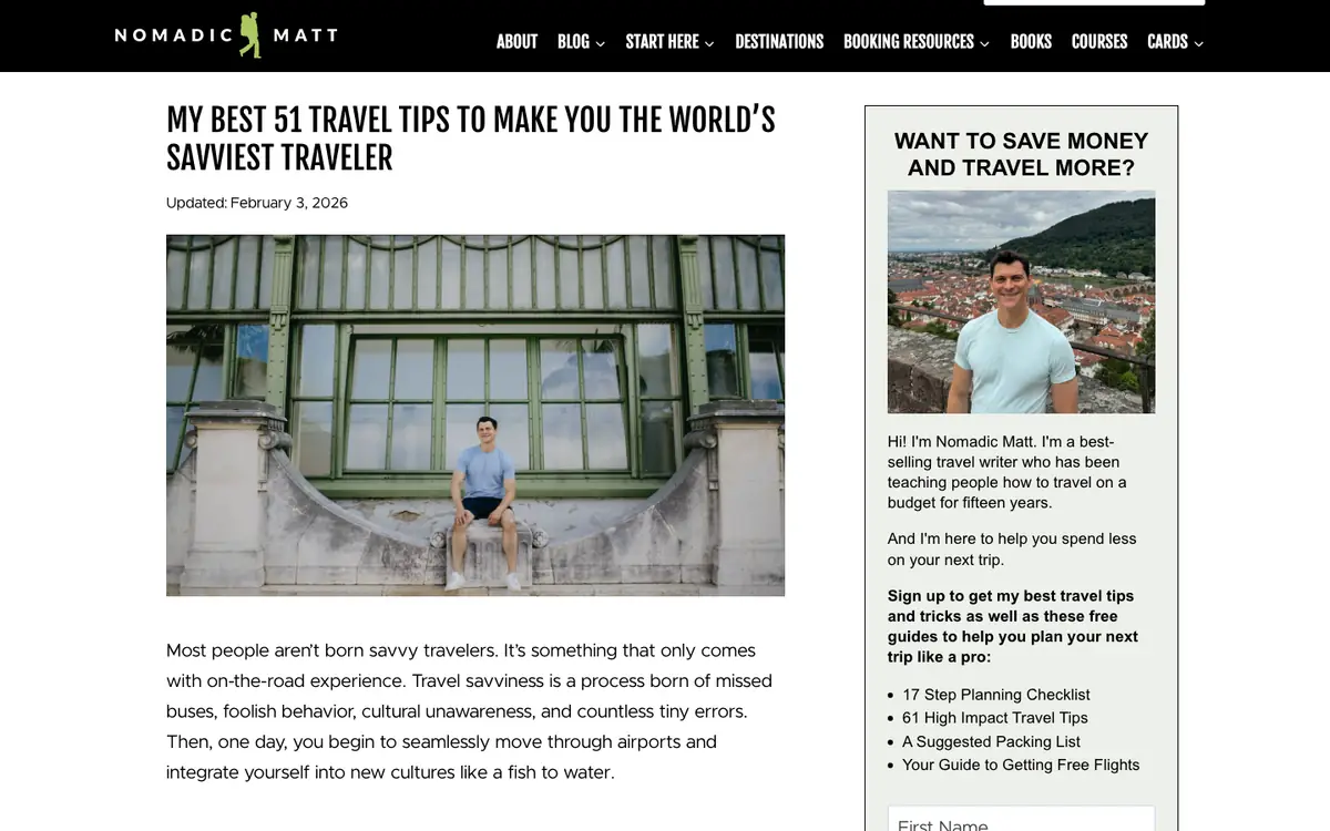 Nomadic Matt listicle: headline “My Best 51 Travel Tips”, an update date, a photo of the author and a signup box in the sidebar