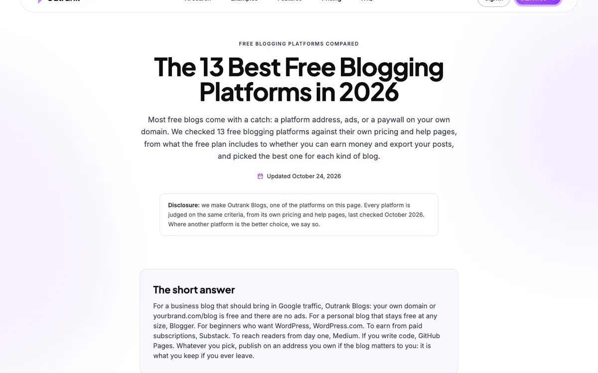 Outrank listicle: headline “The 13 Best Free Blogging Platforms in 2026”, an intro, a disclosure box and a box titled The short answer