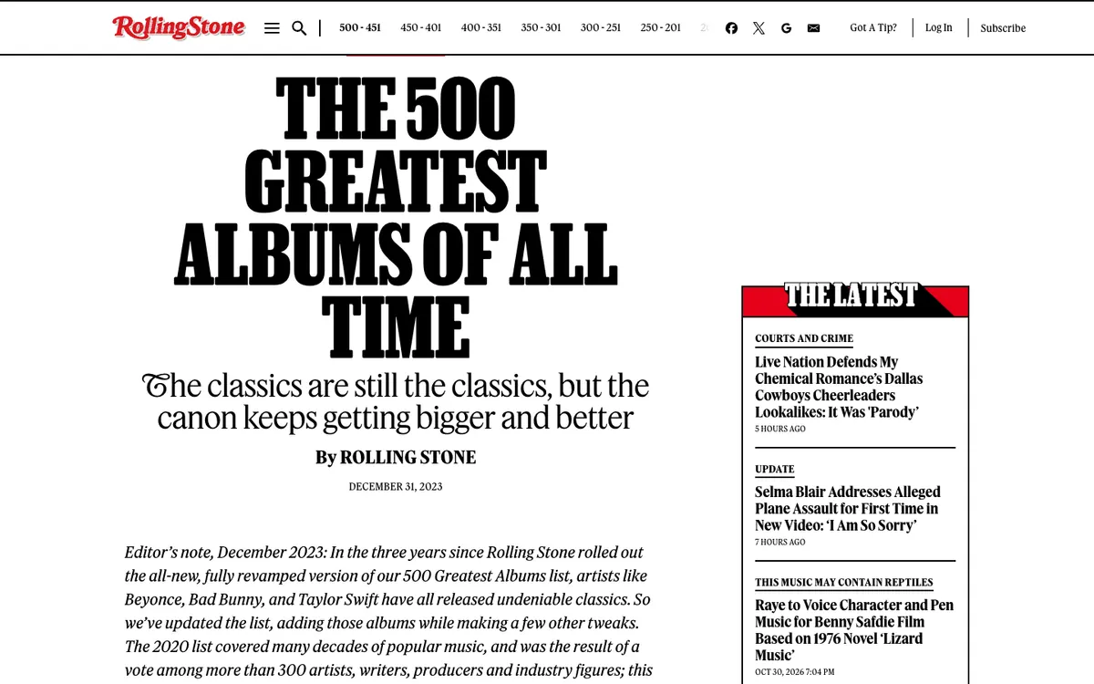 Rolling Stone listicle: huge black headline “The 500 Greatest Albums of All Time”, a subhead, a dated editor’s note and a sidebar of latest news