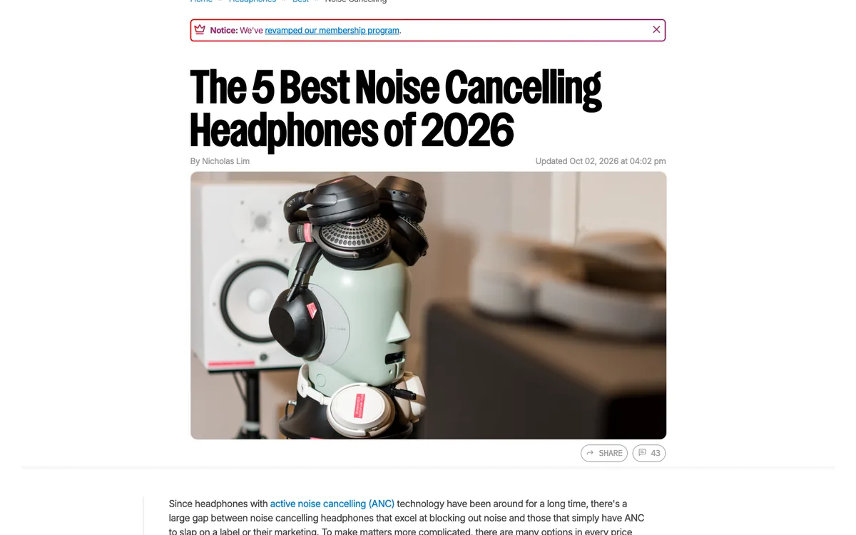 RTINGS listicle: bold headline “The 5 Best Noise Cancelling Headphones of 2026” above a large photo of headphones on a stand