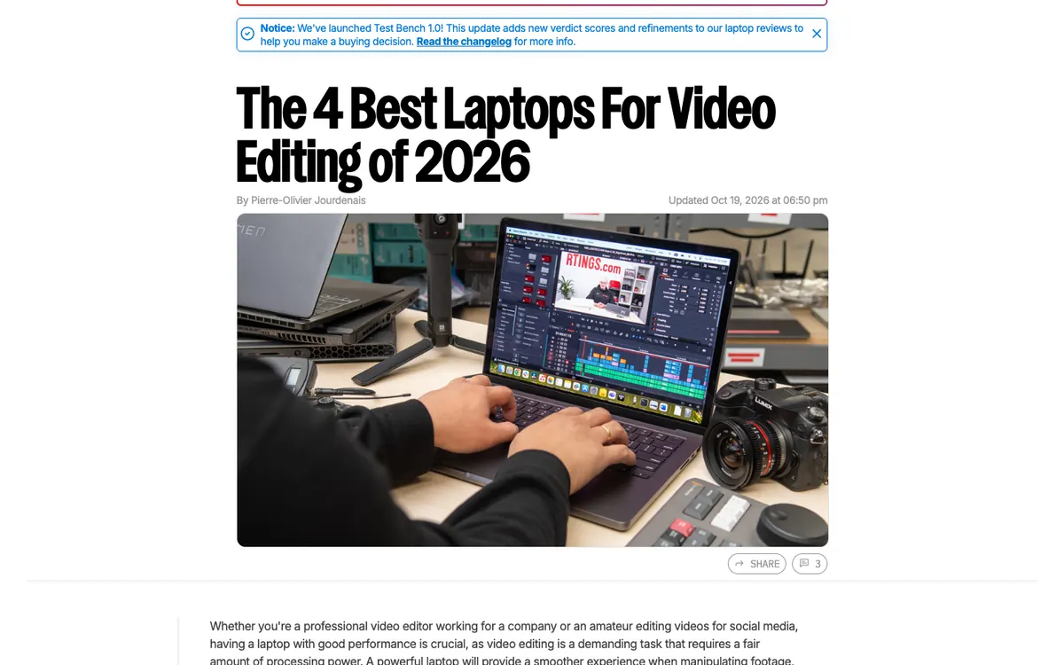 RTINGS listicle: bold headline “The 4 Best Laptops For Video Editing of 2026” above a photo of hands on a laptop running editing software