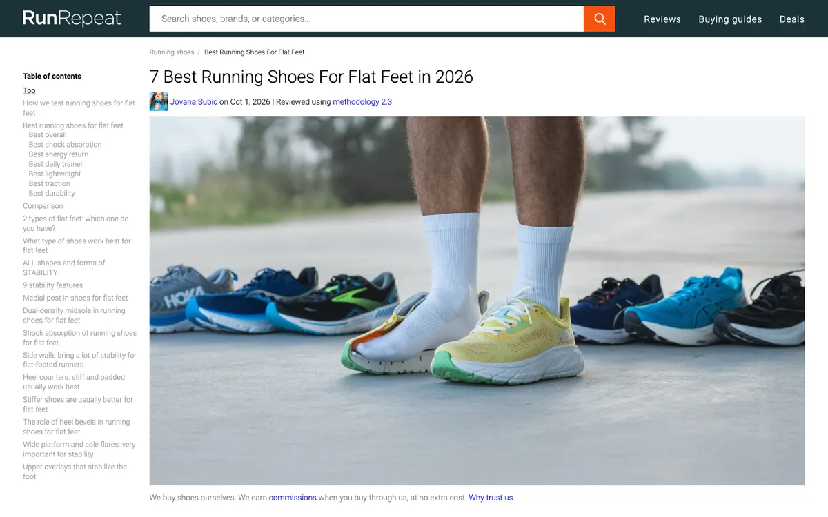 RunRepeat listicle: headline “7 Best Running Shoes For Flat Feet in 2026”, a long table of contents and a wide photo of a runner beside a row of shoes