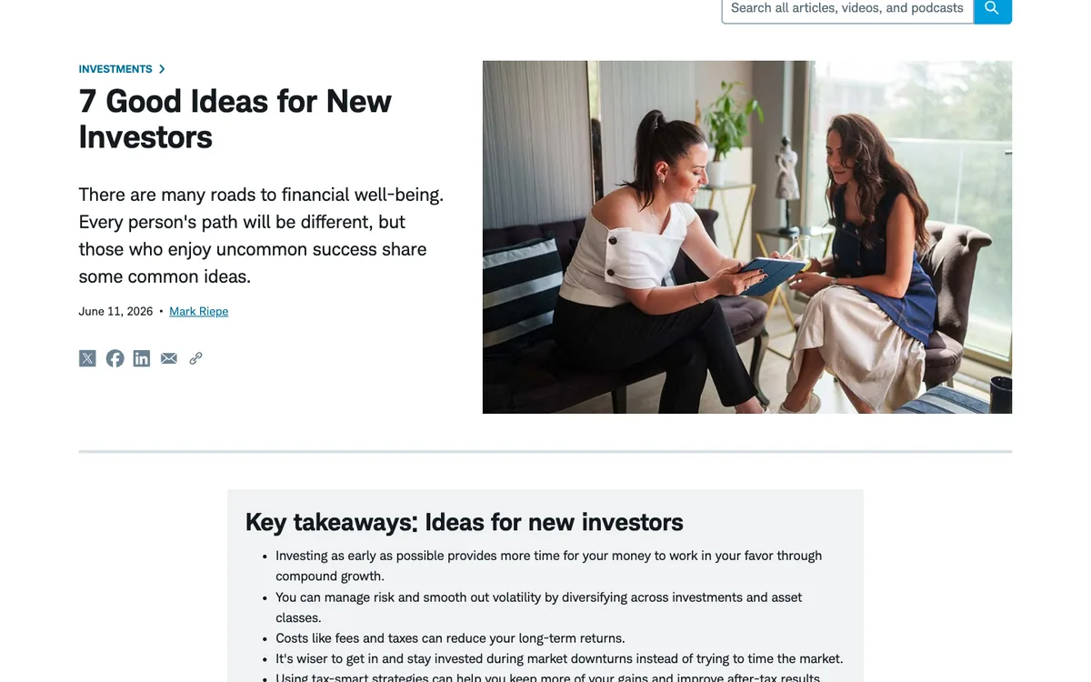 Charles Schwab listicle: headline “7 Good Ideas for New Investors”, a photo of two women reading a tablet and a Key takeaways box