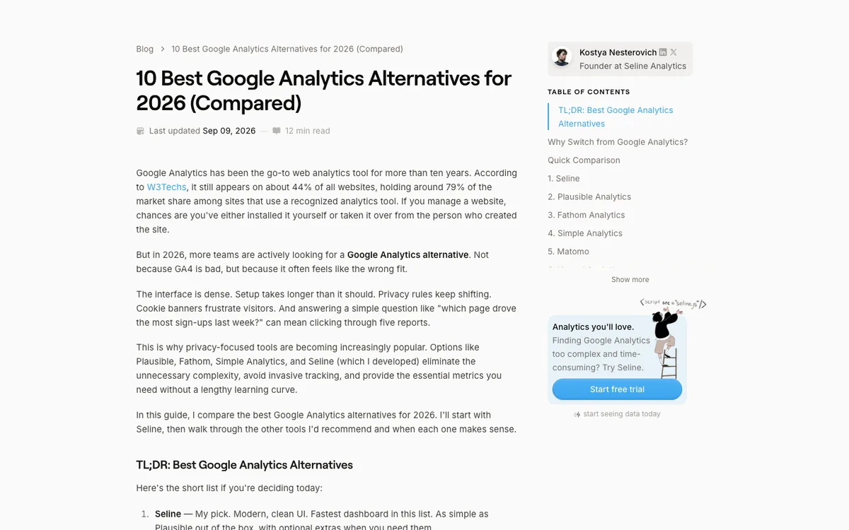 Seline listicle: headline “10 Best Google Analytics Alternatives for 2026 (Compared)”, an intro, and a sidebar table of contents with numbered tools