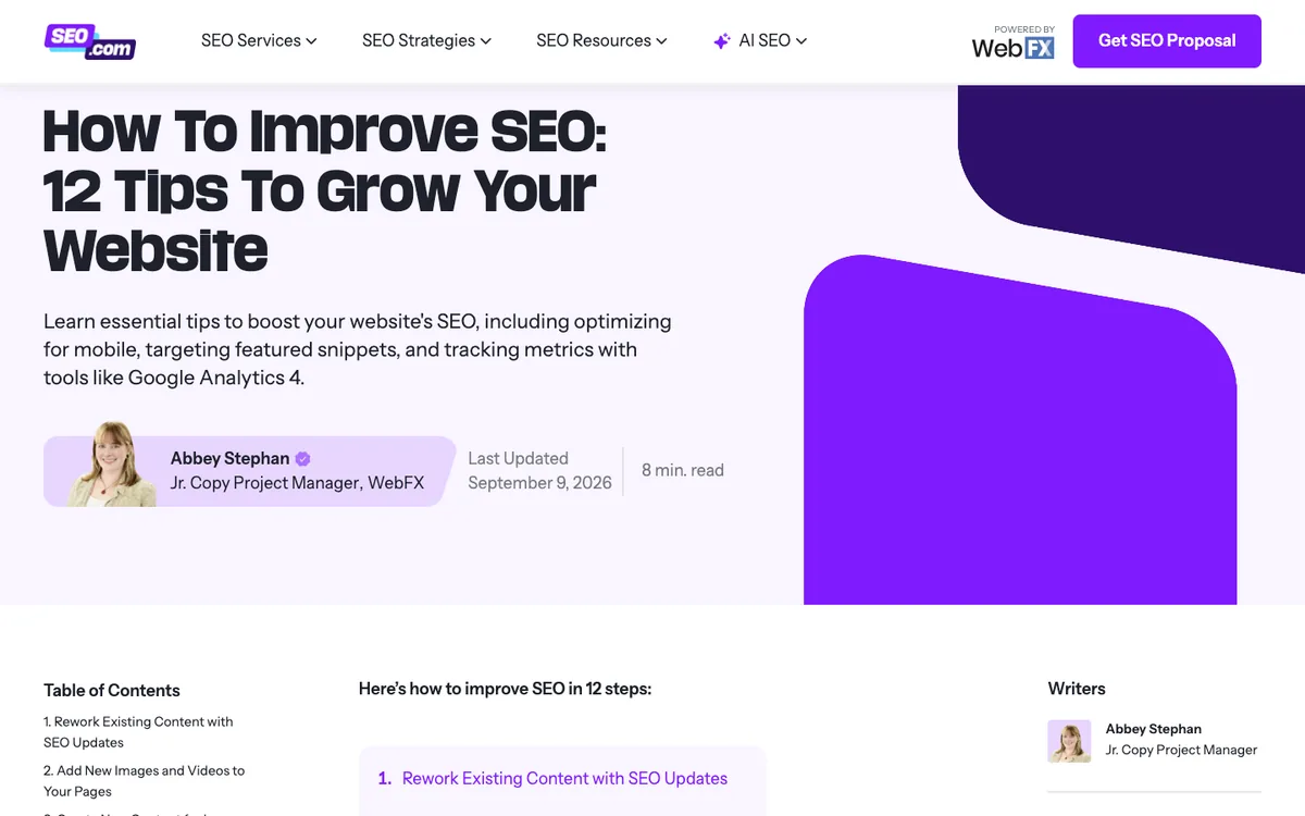 SEO.com listicle: purple header with “How To Improve SEO: 12 Tips To Grow Your Website”, an author strip, a table of contents and a jump list of steps