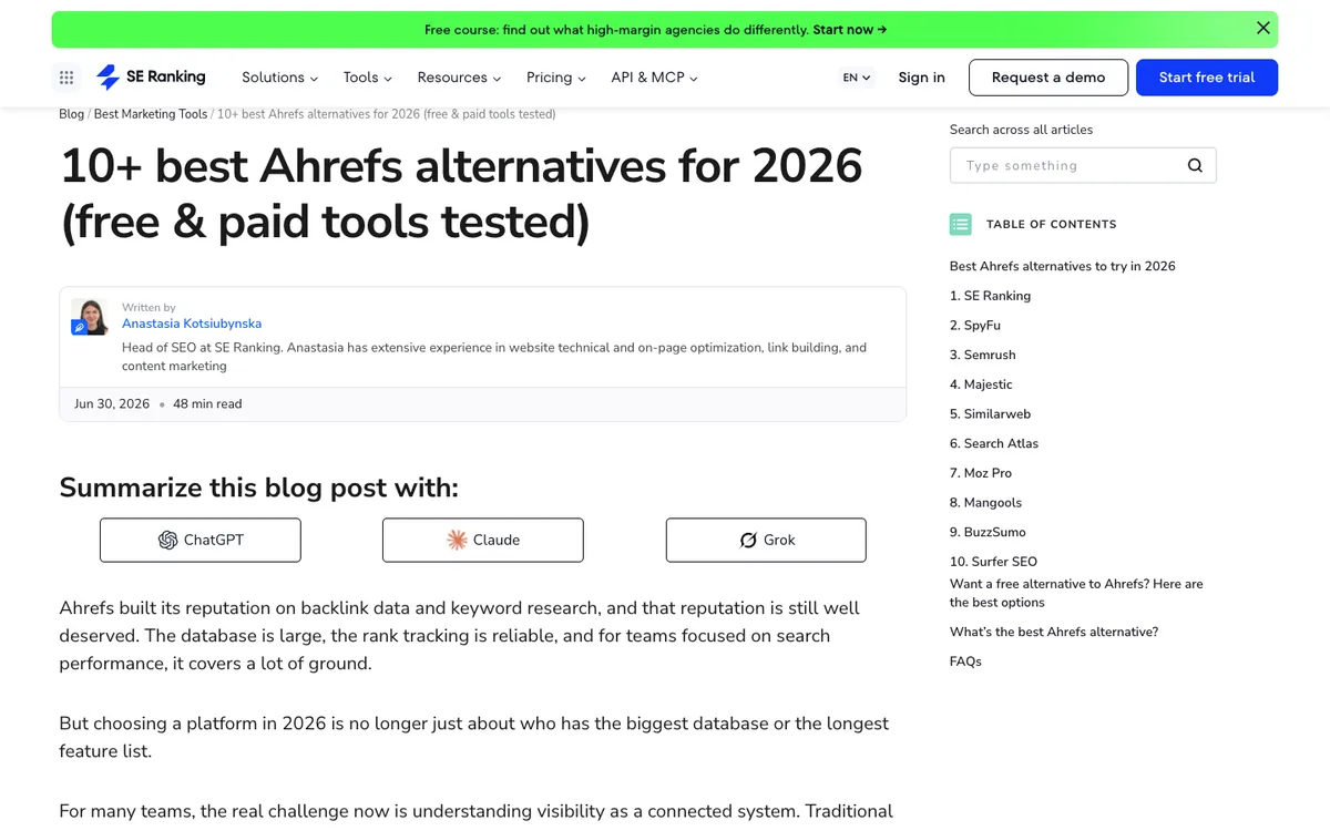 SE Ranking listicle: headline “10+ best Ahrefs alternatives for 2026”, an author box, summarize buttons for three AIs and a numbered table of contents