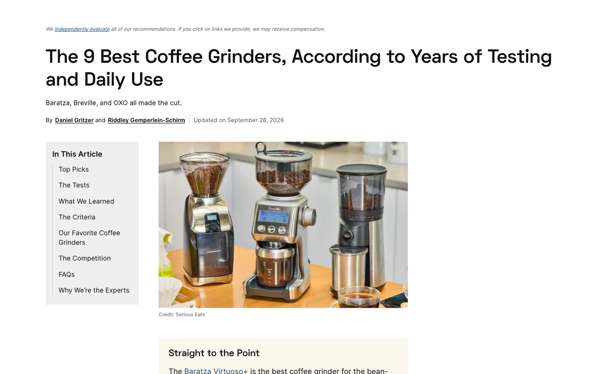 Serious Eats listicle: headline “The 9 Best Coffee Grinders”, an In This Article box, a photo of three grinders and a Straight to the Point box