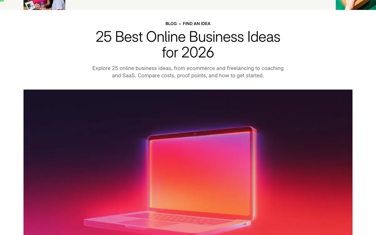 Shopify listicle: centered headline “25 Best Online Business Ideas for 2026”, a short subhead and a glowing pink laptop illustration