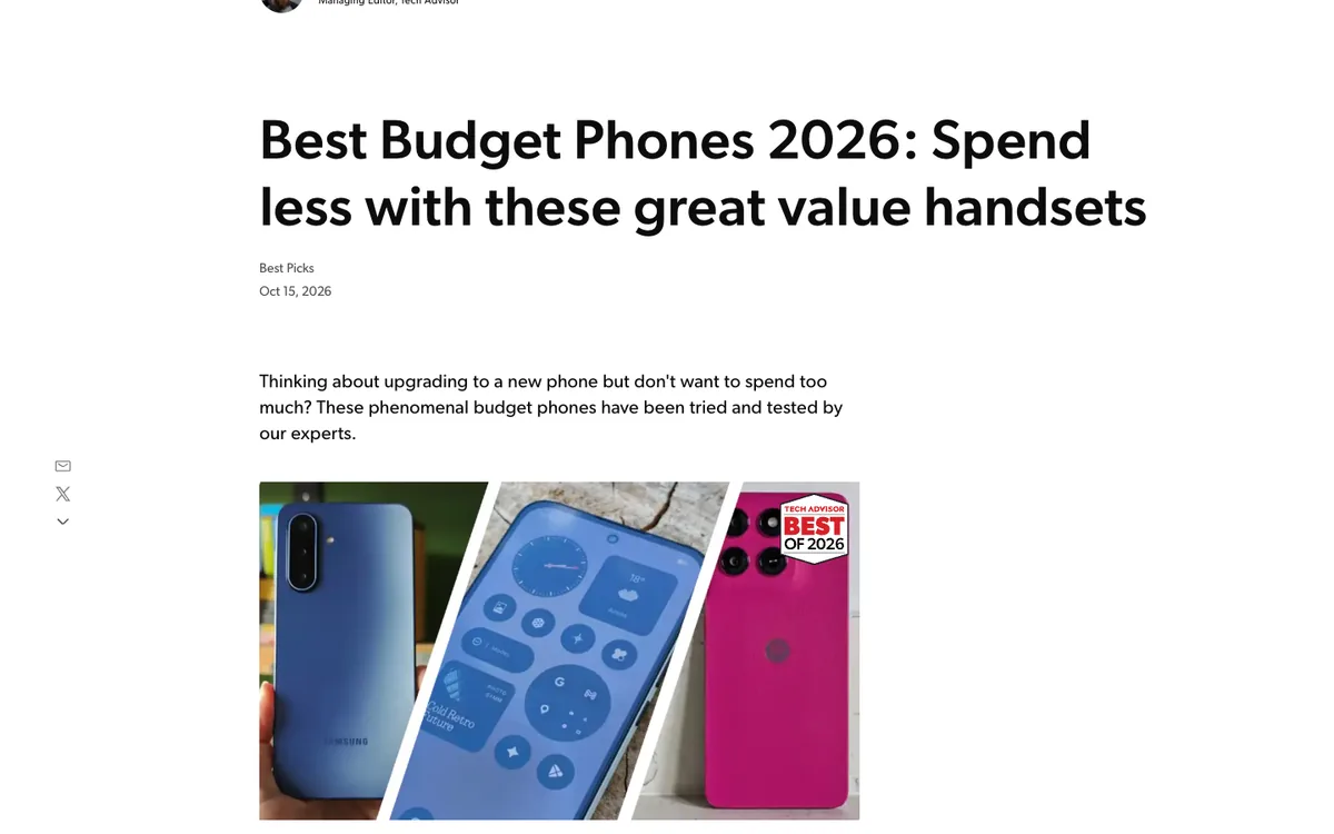 Tech Advisor listicle: large headline “Best Budget Phones 2026: Spend less with these great value handsets” above a photo of three phones