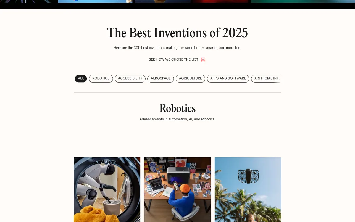 TIME listicle: headline “The Best Inventions of 2025”, a row of category filters and a Robotics section with three photo cards