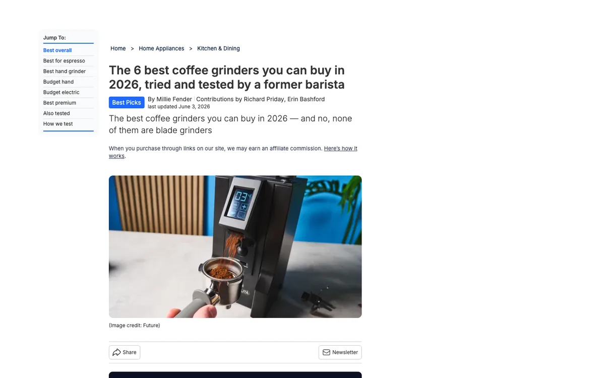 Tom’s Guide listicle: headline “The 6 best coffee grinders you can buy in 2026, tried and tested by a former barista” with a Jump To box and a grinder photo