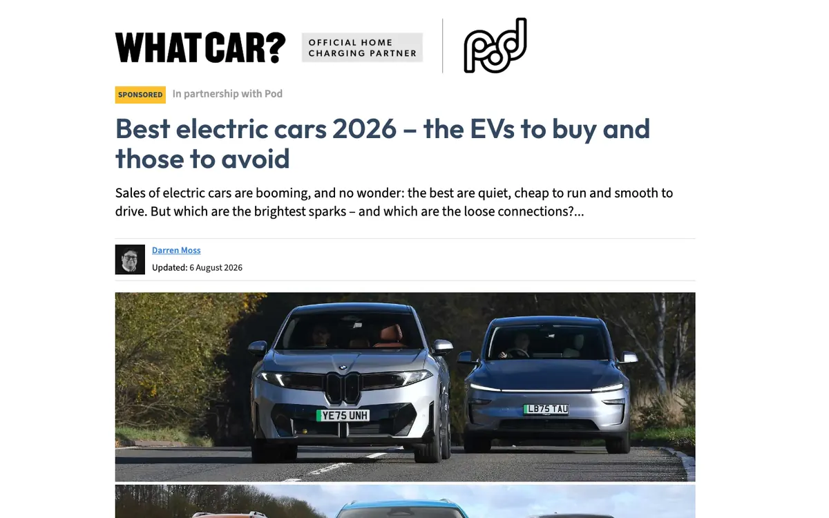 What Car? listicle: a sponsored label, headline “Best electric cars 2026 – the EVs to buy and those to avoid”, an author line and photos of electric cars