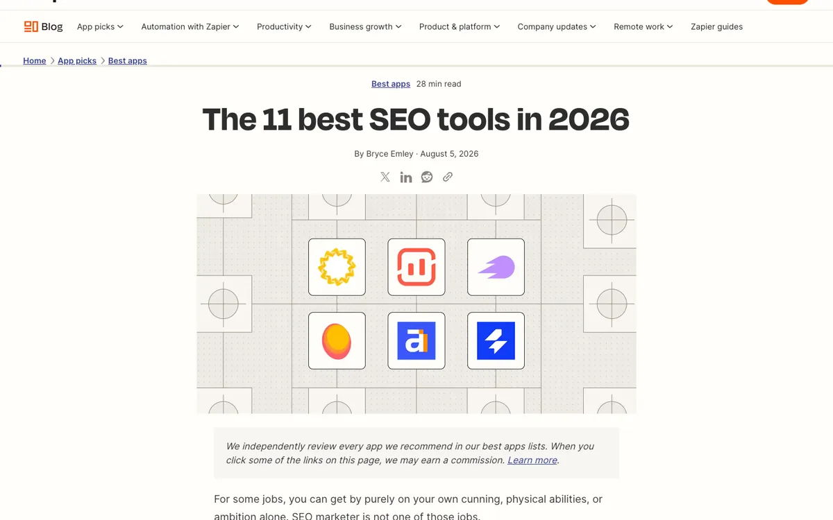 Zapier listicle: headline “The 11 best SEO tools in 2026”, a byline and date, and a cover image made of six tool logos