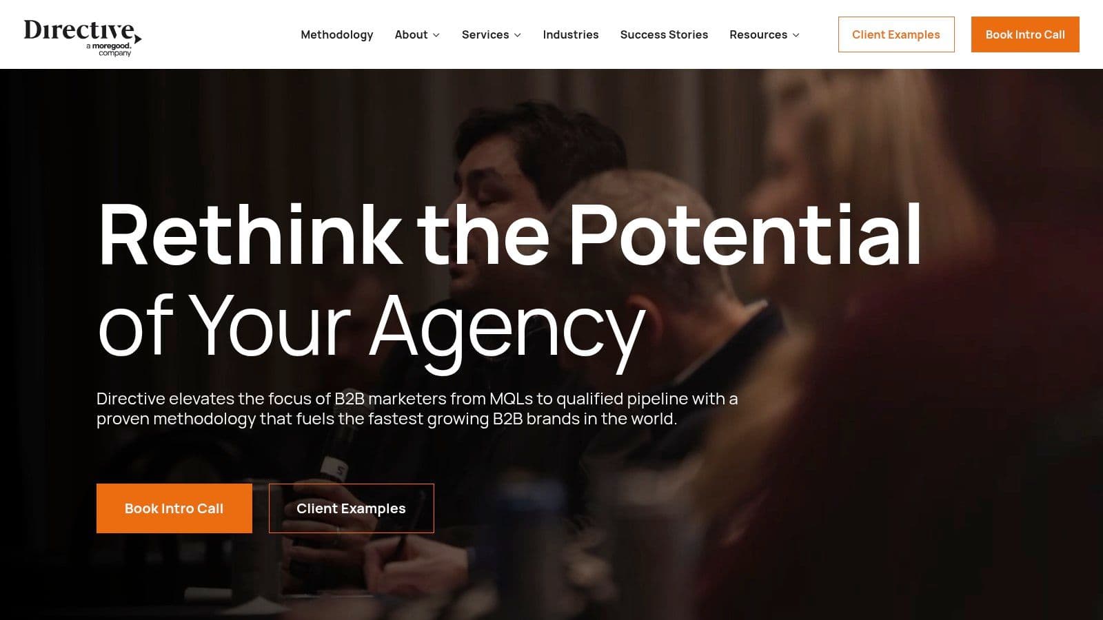 Directive homepage headline "Rethink the Potential of Your Agency", about moving B2B marketers from MQLs to qualified pipeline (homepage as captured in 2025).