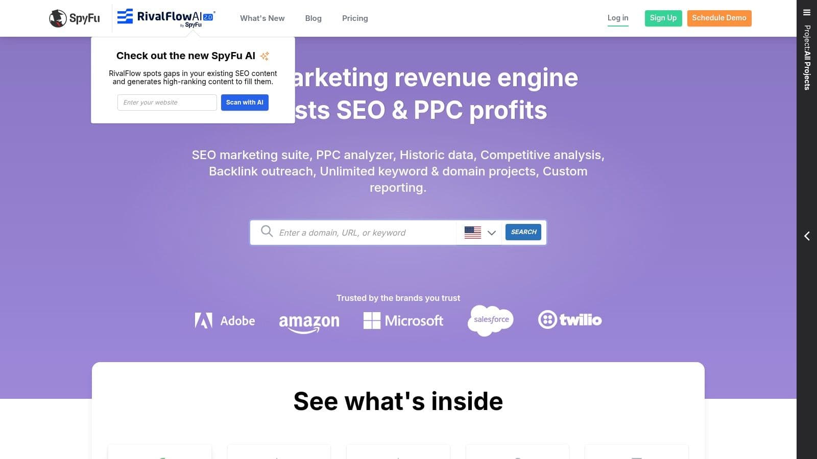 SpyFu homepage: SEO and PPC competitor research with historical data