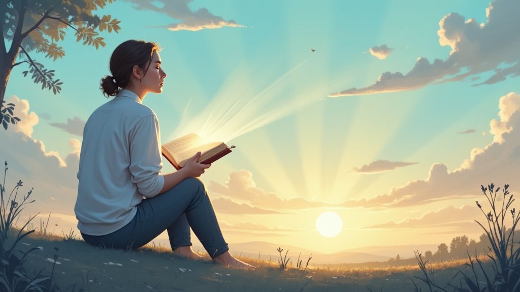 A woman sitting on the grass with the Bible