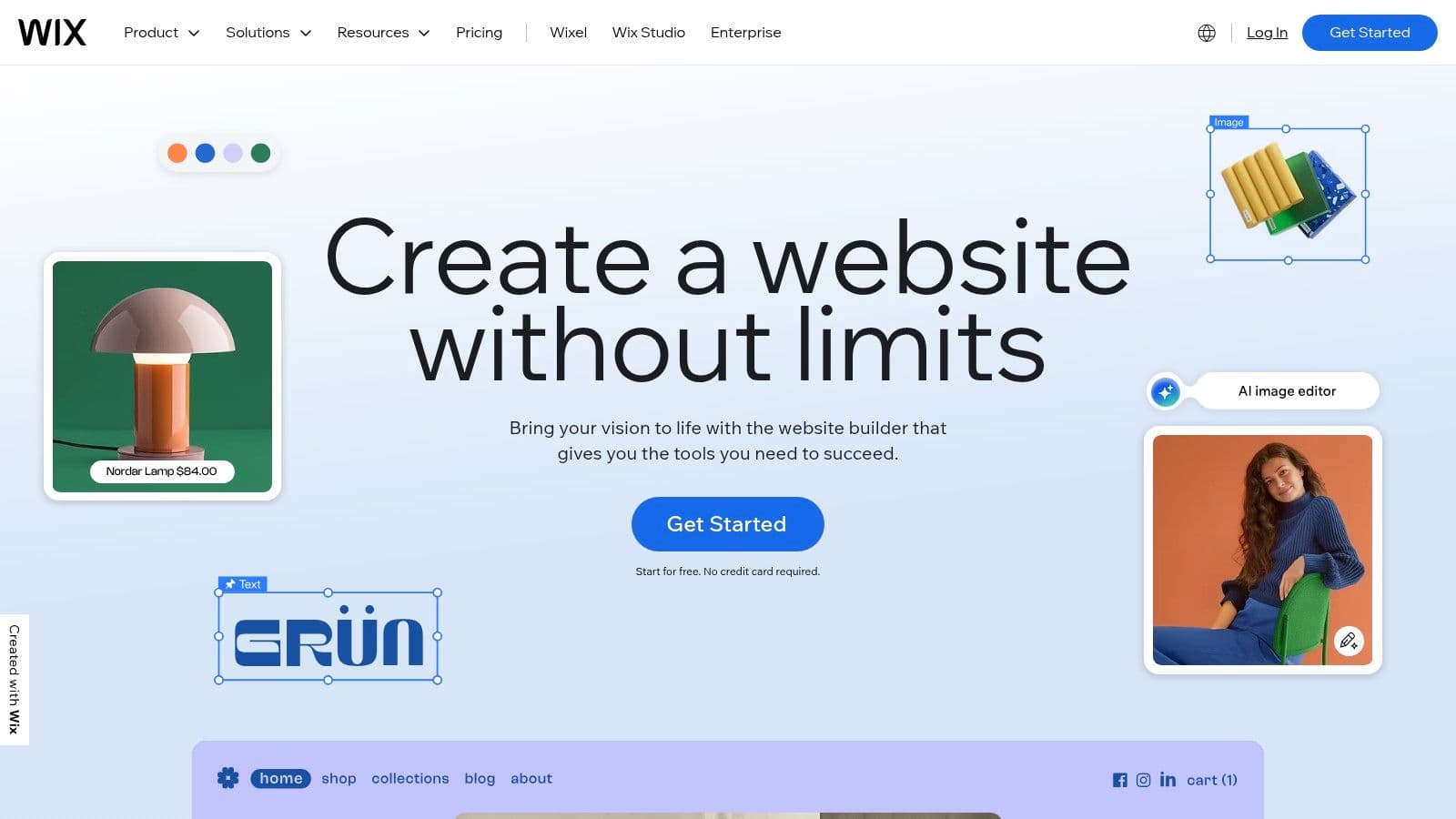 Wix homepage showing its drag-and-drop editor with a sample online store