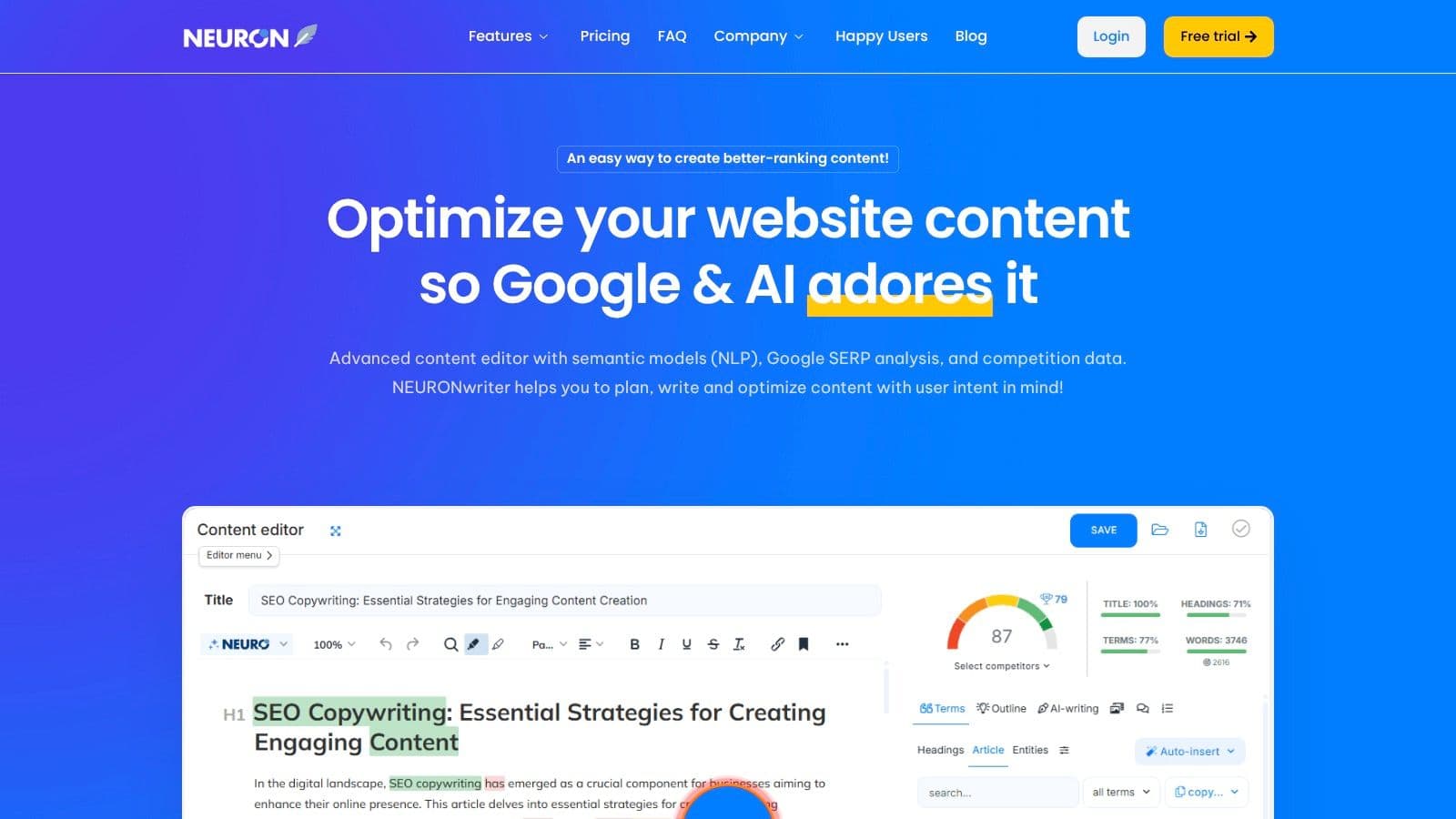 NeuronWriter content editor with a content score, recommended terms and competitor data