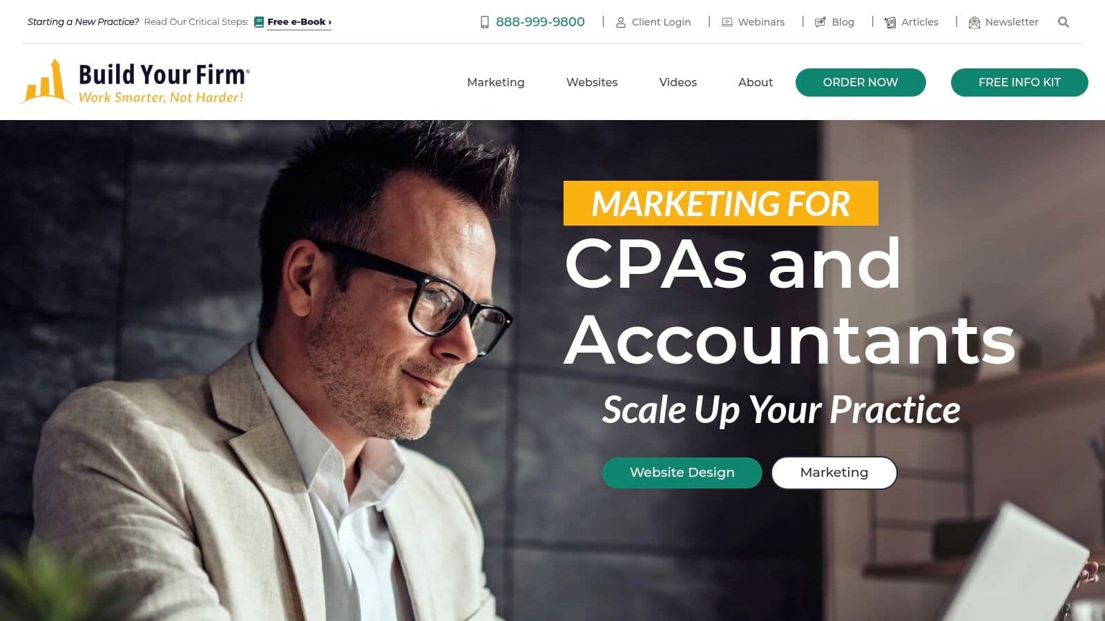 Build Your Firm homepage headline: "Marketing for CPAs and Accountants: Scale Up Your Practice", with website design and marketing buttons.