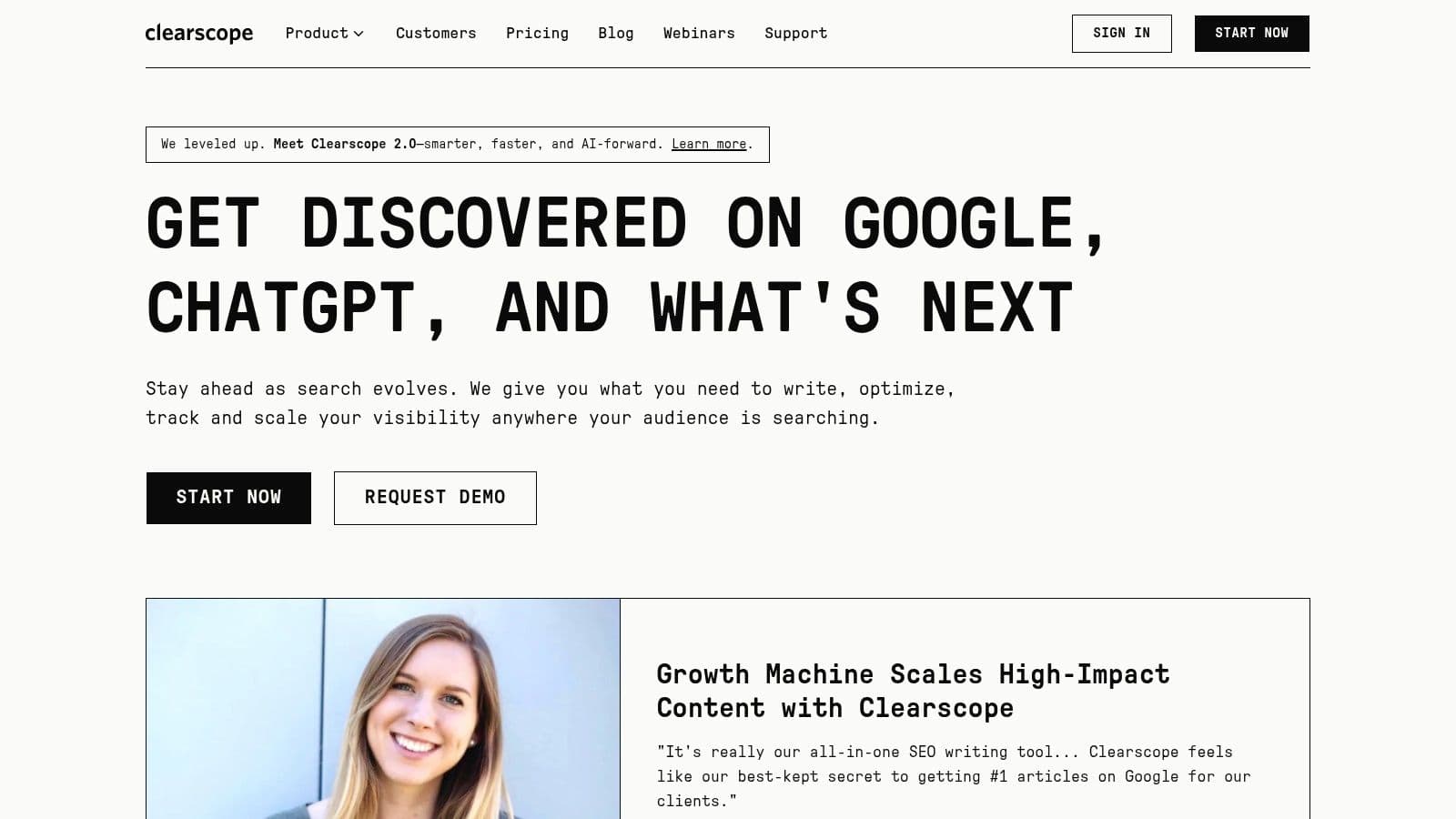 Clearscope homepage: get discovered on Google, ChatGPT and what's next