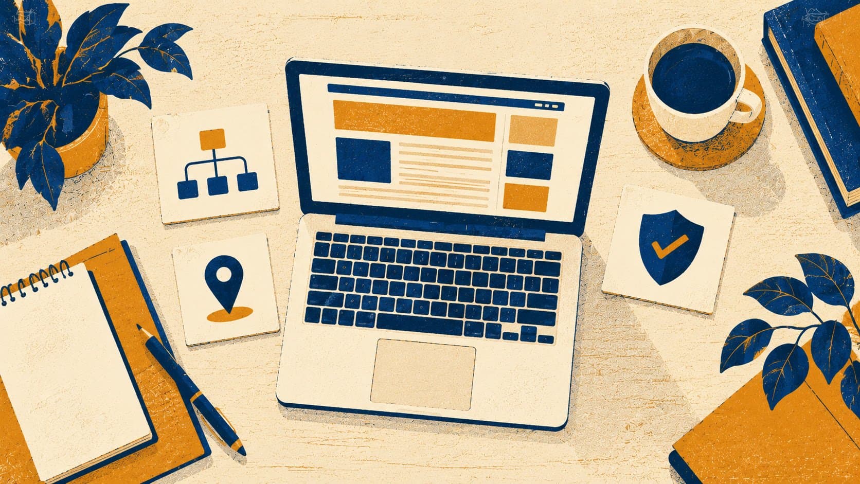 An editorial illustration of a bird's-eye view workspace with a laptop showing a simple blog layout, surrounded by flat icon cards representing SEO foundations: a sitemap tree, a map pin, and a checkmark shield