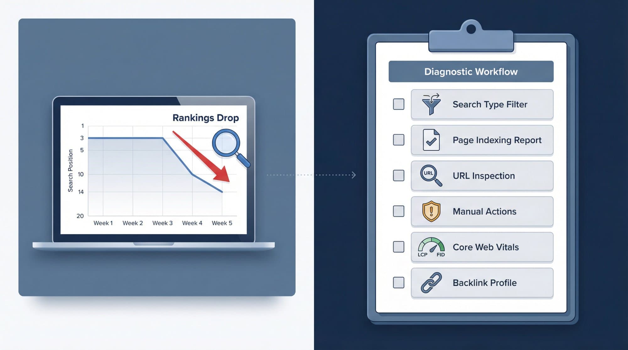 Diagnostic workflow for a rankings drop: a falling position chart next to a checklist of search type filter, Page indexing report, URL inspection, Manual actions, Core Web Vitals and backlink profile.