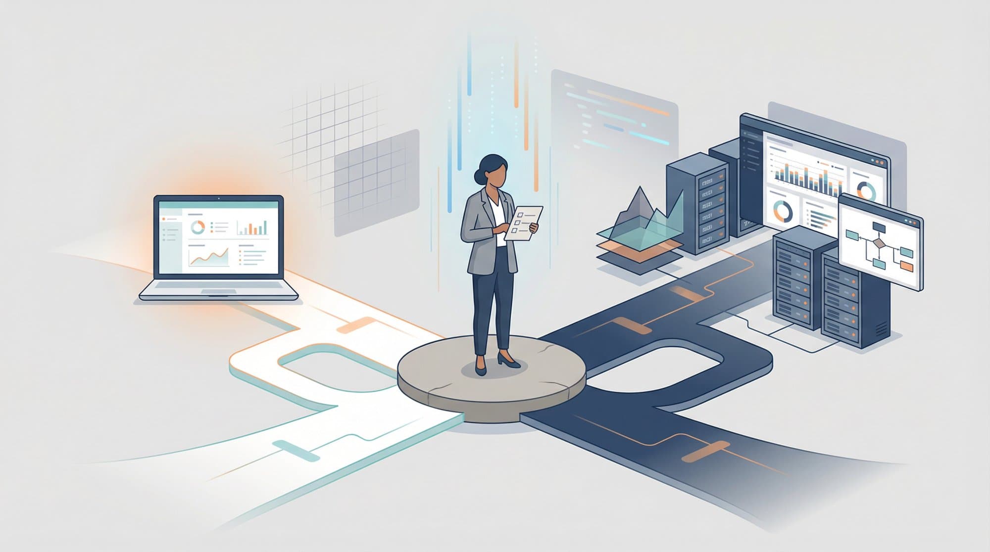 Editorial illustration of a fork-in-the-road decision moment for analytics teams choosing between free GA4 and Analytics 360