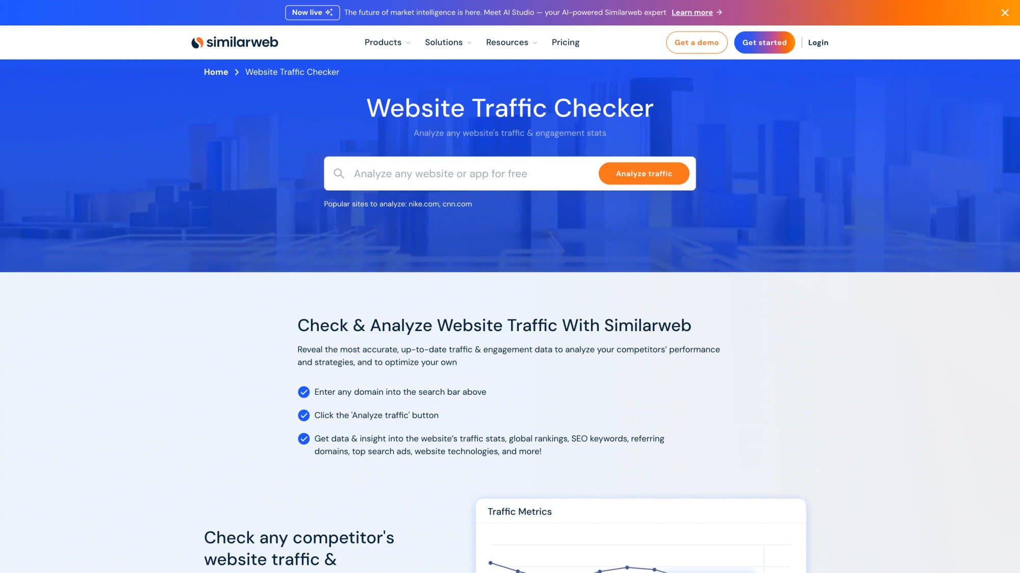 Similarweb Website Traffic Checker page showing search bar to analyze any website's traffic and engagement stats for free