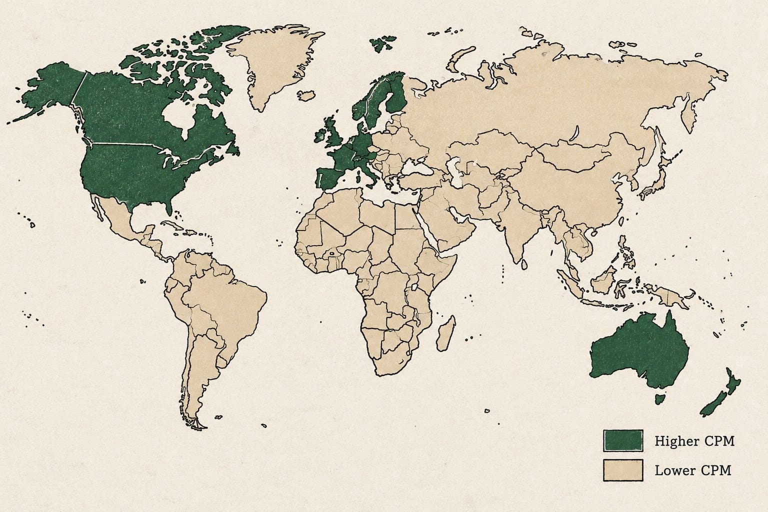 Illustrated world map showing high-CPM advertising regions — US, UK, Canada, Australia — versus lower-CPM markets in South Asia, West Africa, and Latin America, and how traffic geography determines AdSense earning potential