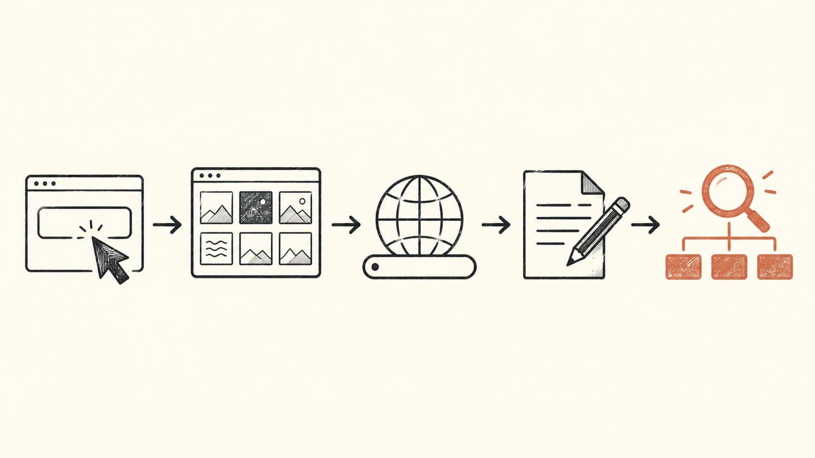 Five-step sequential illustration showing the process of launching a business blog: from account signup through template selection, domain connection, writing the first post, and verifying the sitemap for search engine indexing